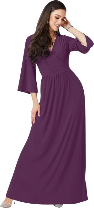 KOH KOH Womens Long Kimono Sleeve V-Neck Wrap Belted Empire Flowy Maxi Dress