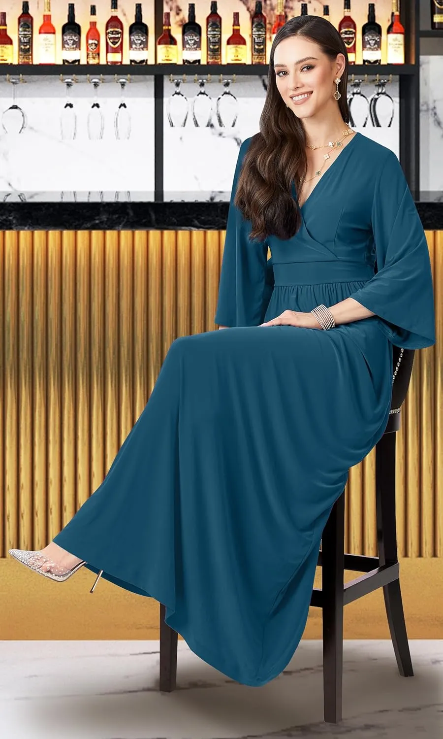 KOH KOH Womens Long Kimono Sleeve V-Neck Wrap Belted Empire Flowy Maxi Dress