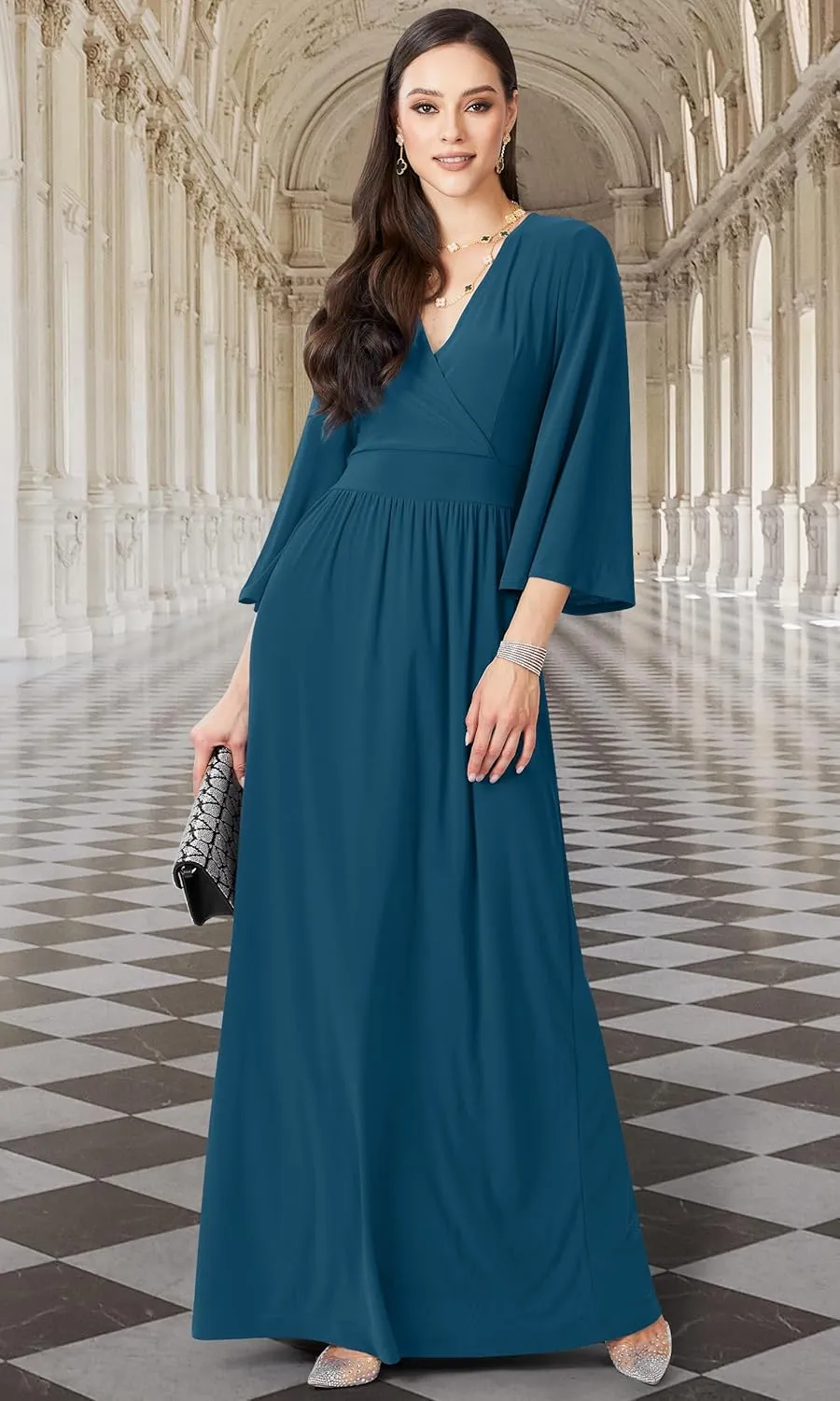KOH KOH Womens Long Kimono Sleeve V-Neck Wrap Belted Empire Flowy Maxi Dress
