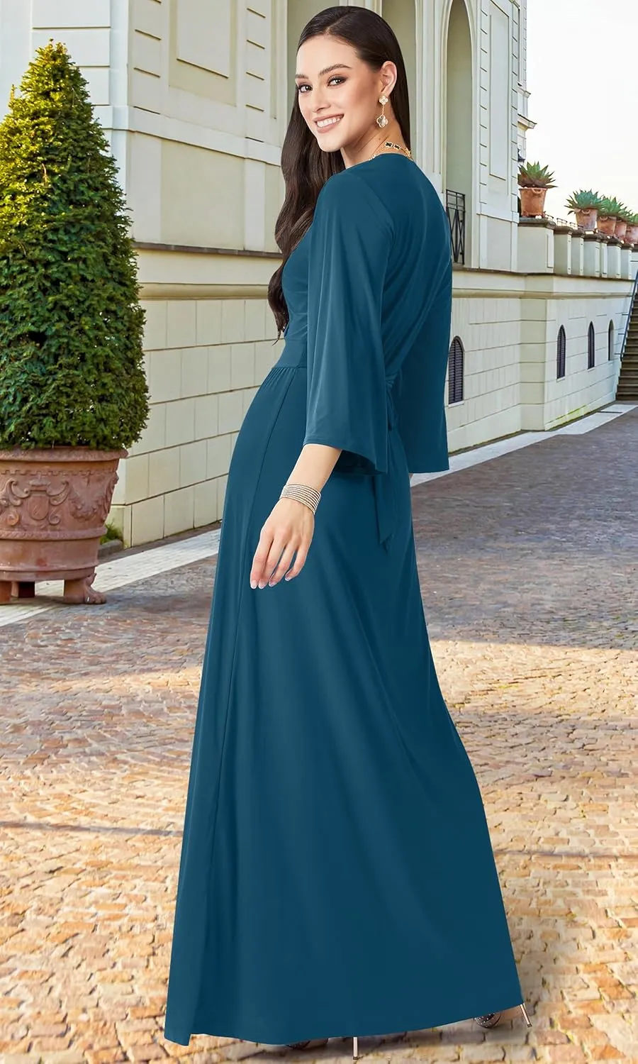 KOH KOH Womens Long Kimono Sleeve V-Neck Wrap Belted Empire Flowy Maxi Dress