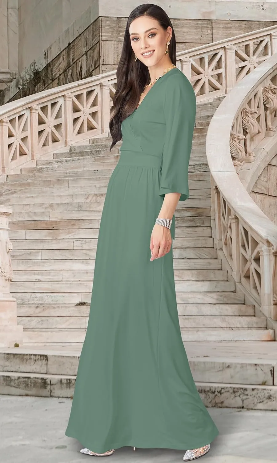 KOH KOH Womens Long Kimono Sleeve V-Neck Wrap Belted Empire Flowy Maxi Dress