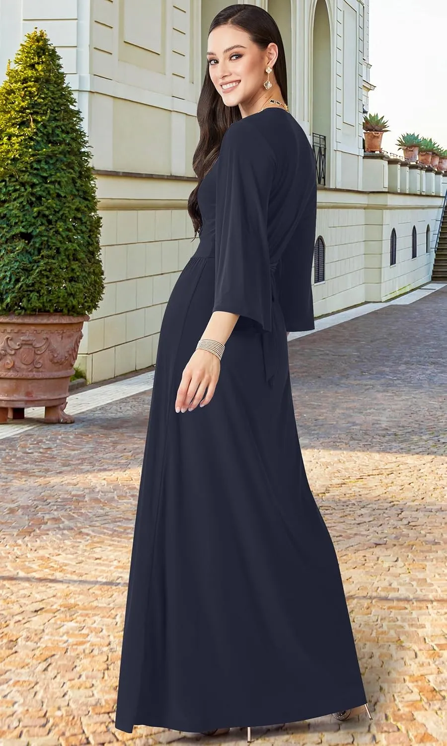 KOH KOH Womens Long Kimono Sleeve V-Neck Wrap Belted Empire Flowy Maxi Dress