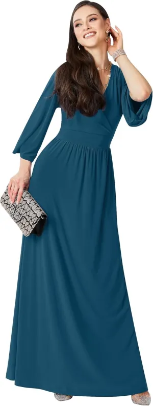 KOH KOH Womens Long Kimono Sleeve V-Neck Wrap Belted Empire Flowy Maxi Dress