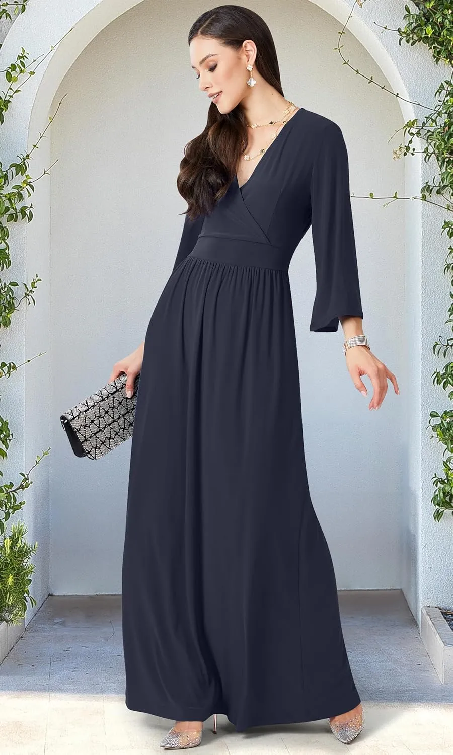 KOH KOH Womens Long Kimono Sleeve V-Neck Wrap Belted Empire Flowy Maxi Dress