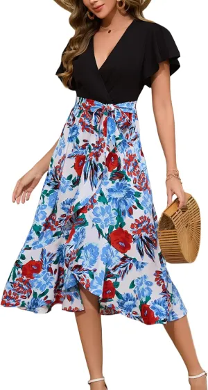 Kormei Women's Summer V Neck Short Sleeve Casual Boho Floral High Low Flowy Party Beach Long Maxi Dress