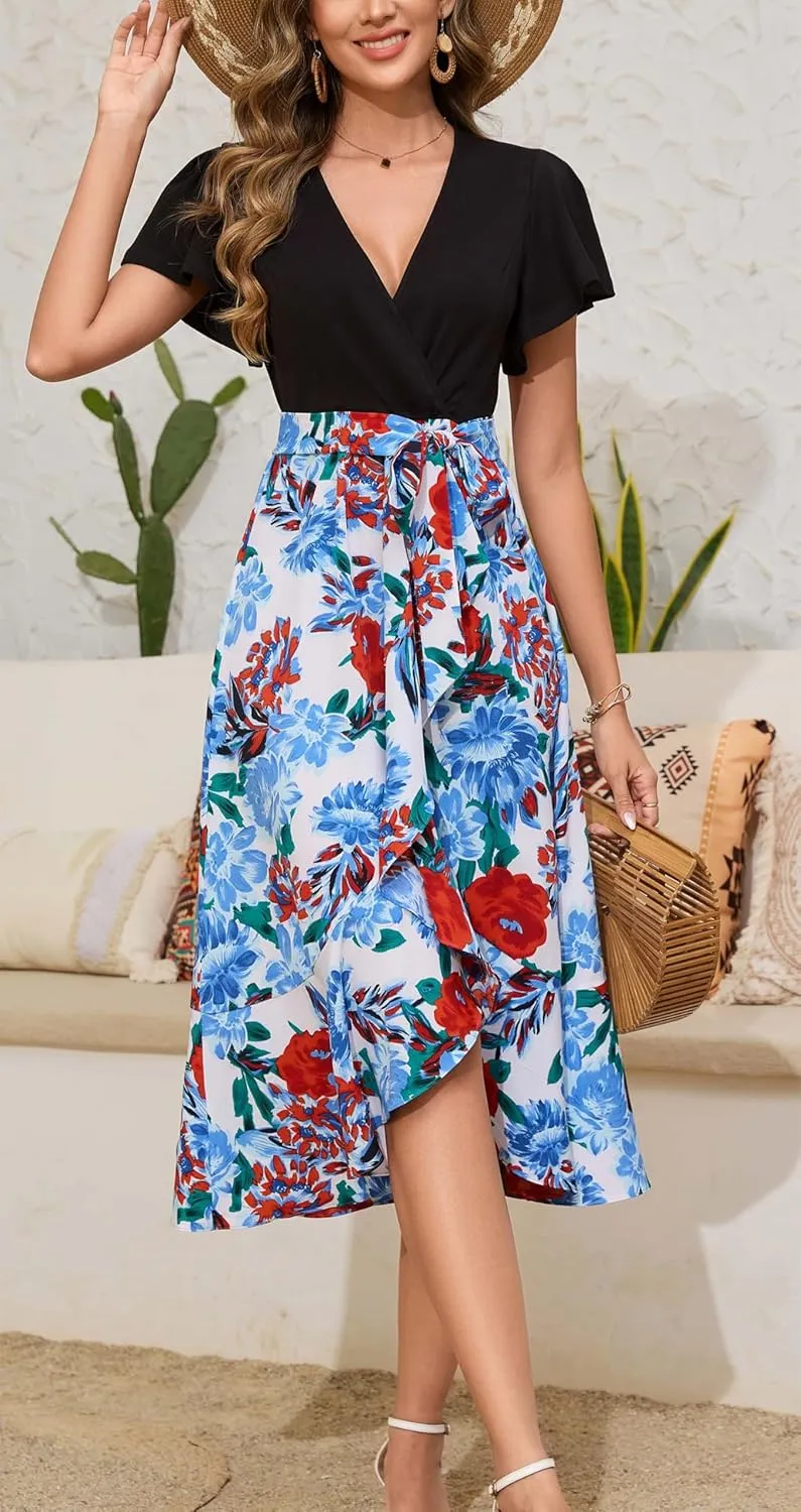 Kormei Women's Summer V Neck Short Sleeve Casual Boho Floral High Low Flowy Party Beach Long Maxi Dress