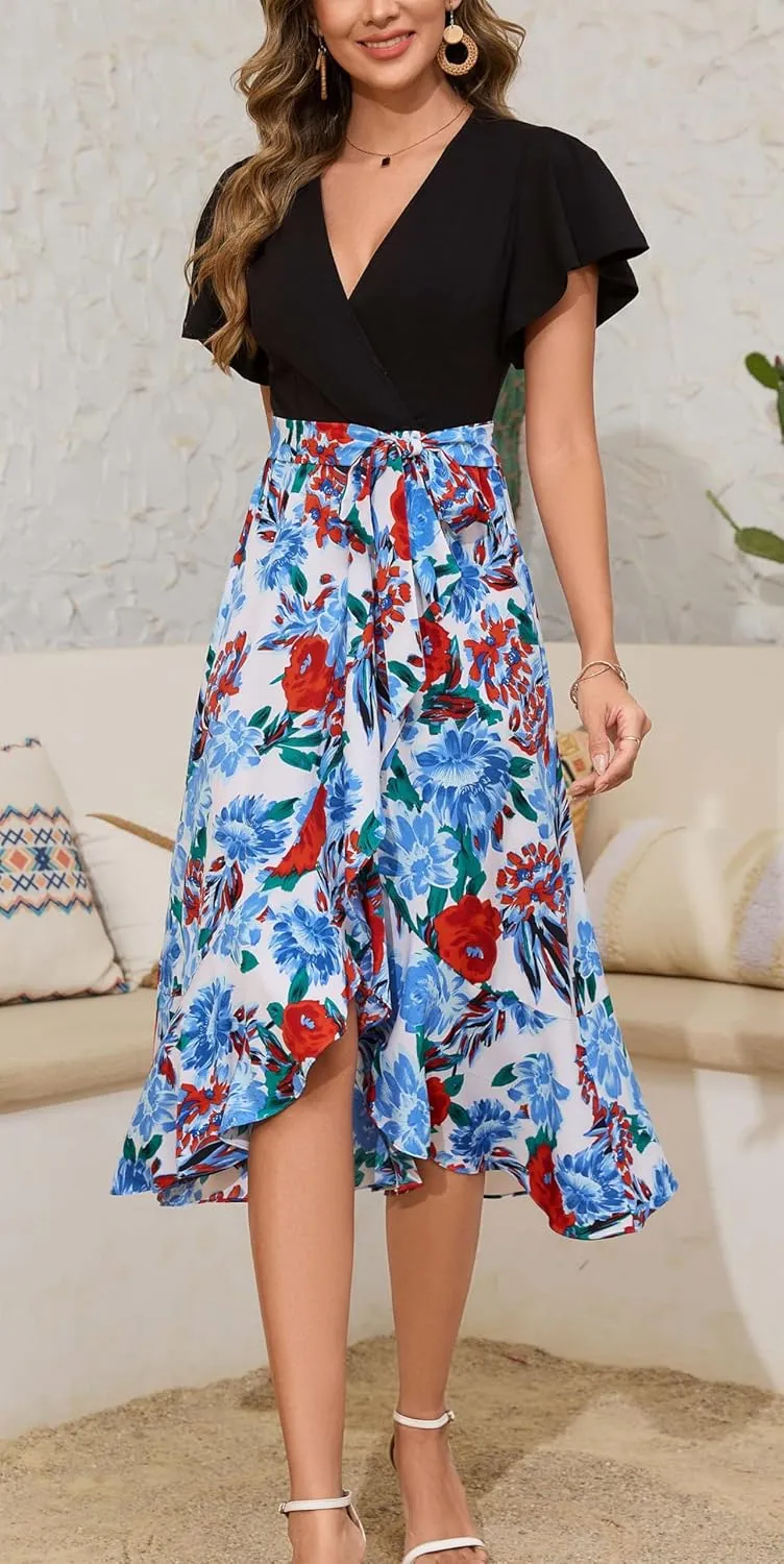 Kormei Women's Summer V Neck Short Sleeve Casual Boho Floral High Low Flowy Party Beach Long Maxi Dress