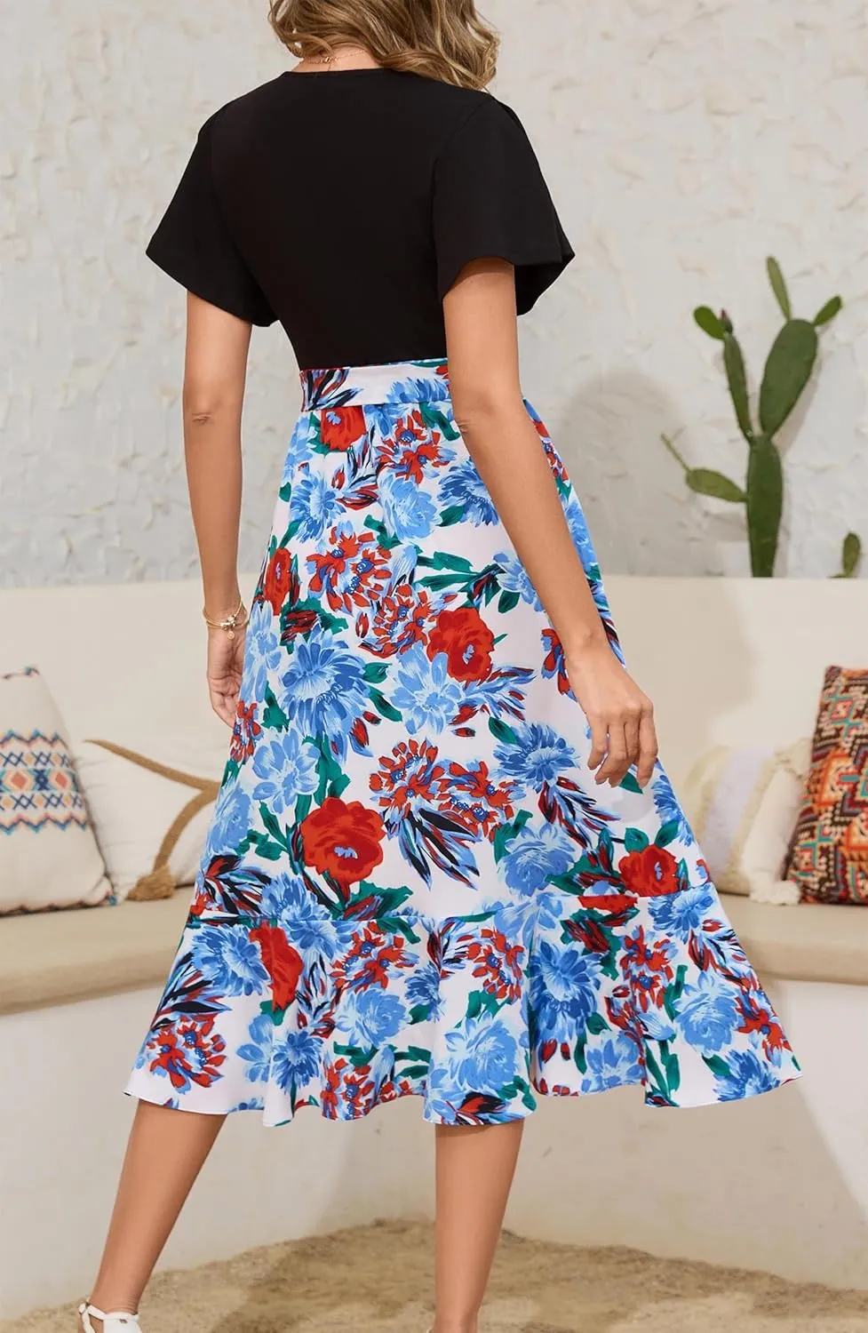 Kormei Women's Summer V Neck Short Sleeve Casual Boho Floral High Low Flowy Party Beach Long Maxi Dress