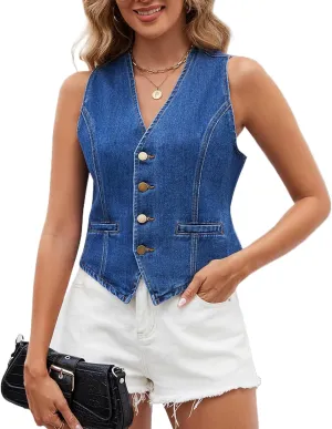 Ladyful Denim Vest Top for Women V Neck Jean Waistcoat Vest Button Down Sleeveless Denim Jacket