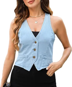 Ladyful Womens Denim Vest Sleeveless V neck Jean Suit Waistcoat Vest