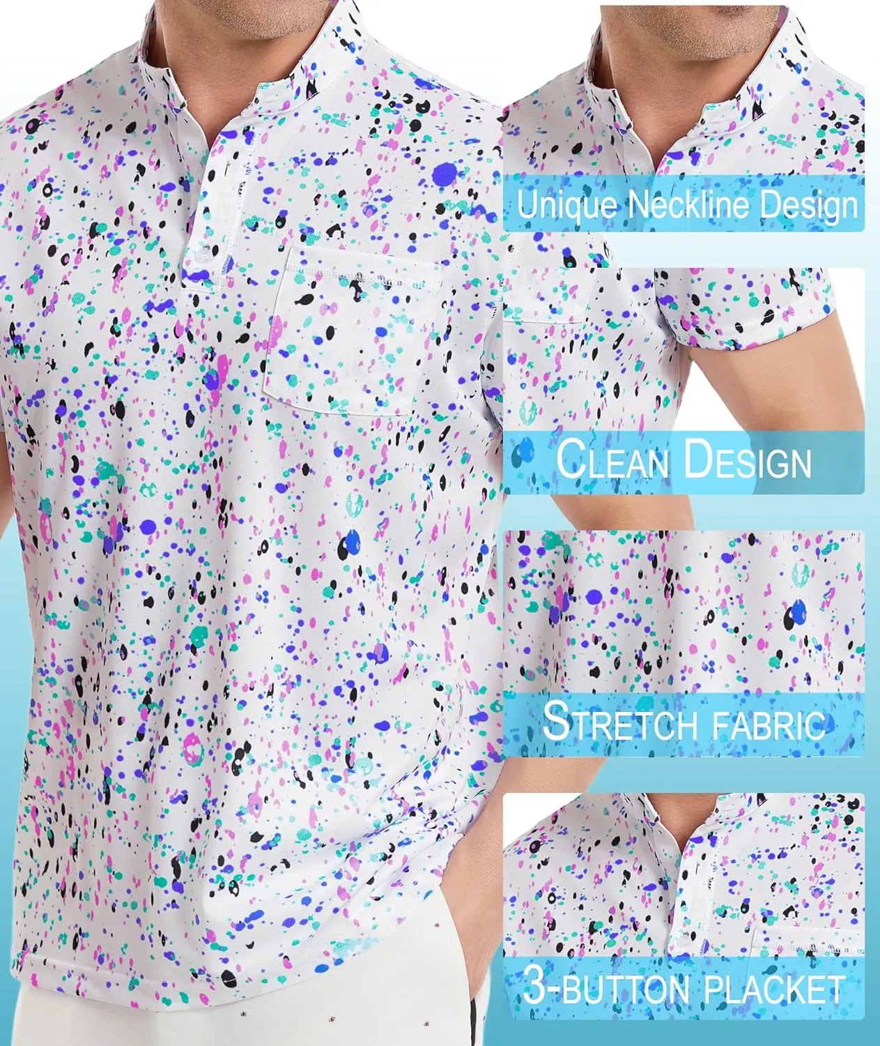LARSD Men's Henley Shirt Short Sleeve Button Up Stand Collar Casual T-Shirt Top