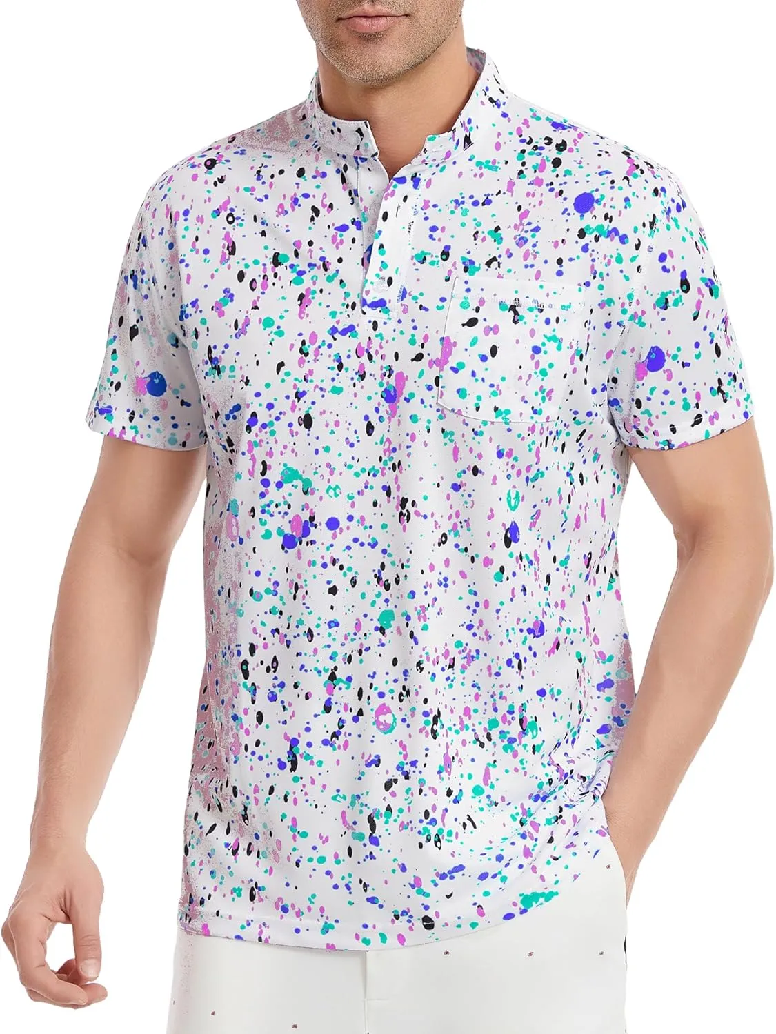 LARSD Men's Henley Shirt Short Sleeve Button Up Stand Collar Casual T-Shirt Top