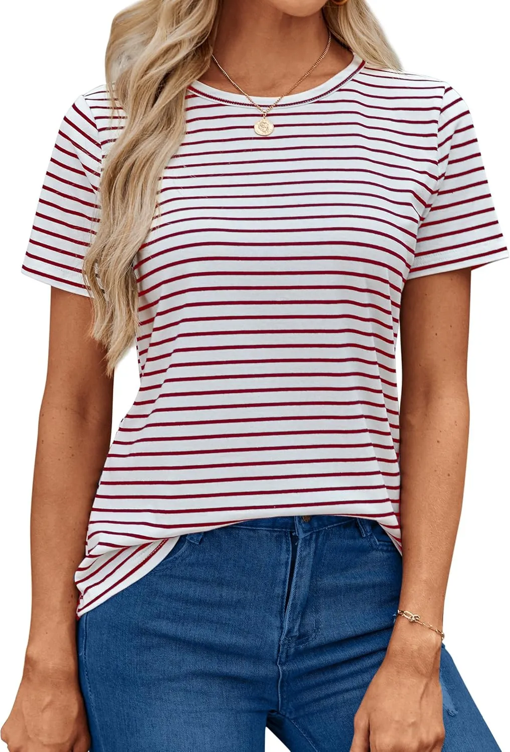 LilyCoco Women's Short Sleeve Striped Shirt Summer Crewneck T Shirt Basic Tops
