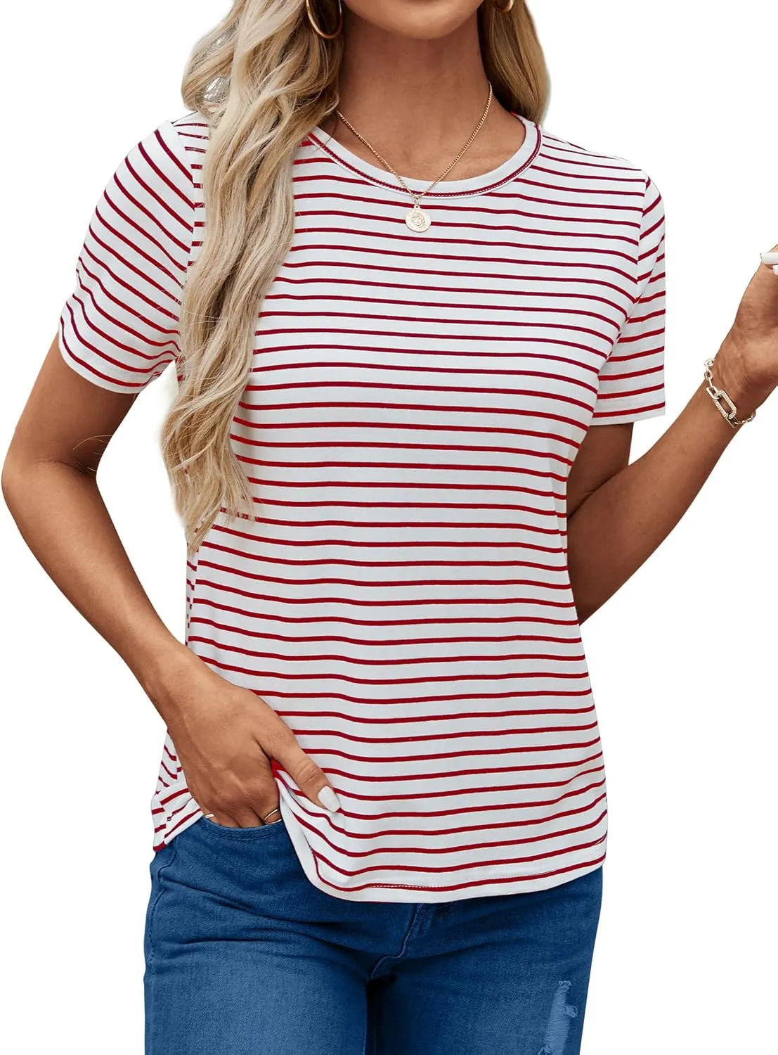 LilyCoco Women's Short Sleeve Striped Shirt Summer Crewneck T Shirt Basic Tops
