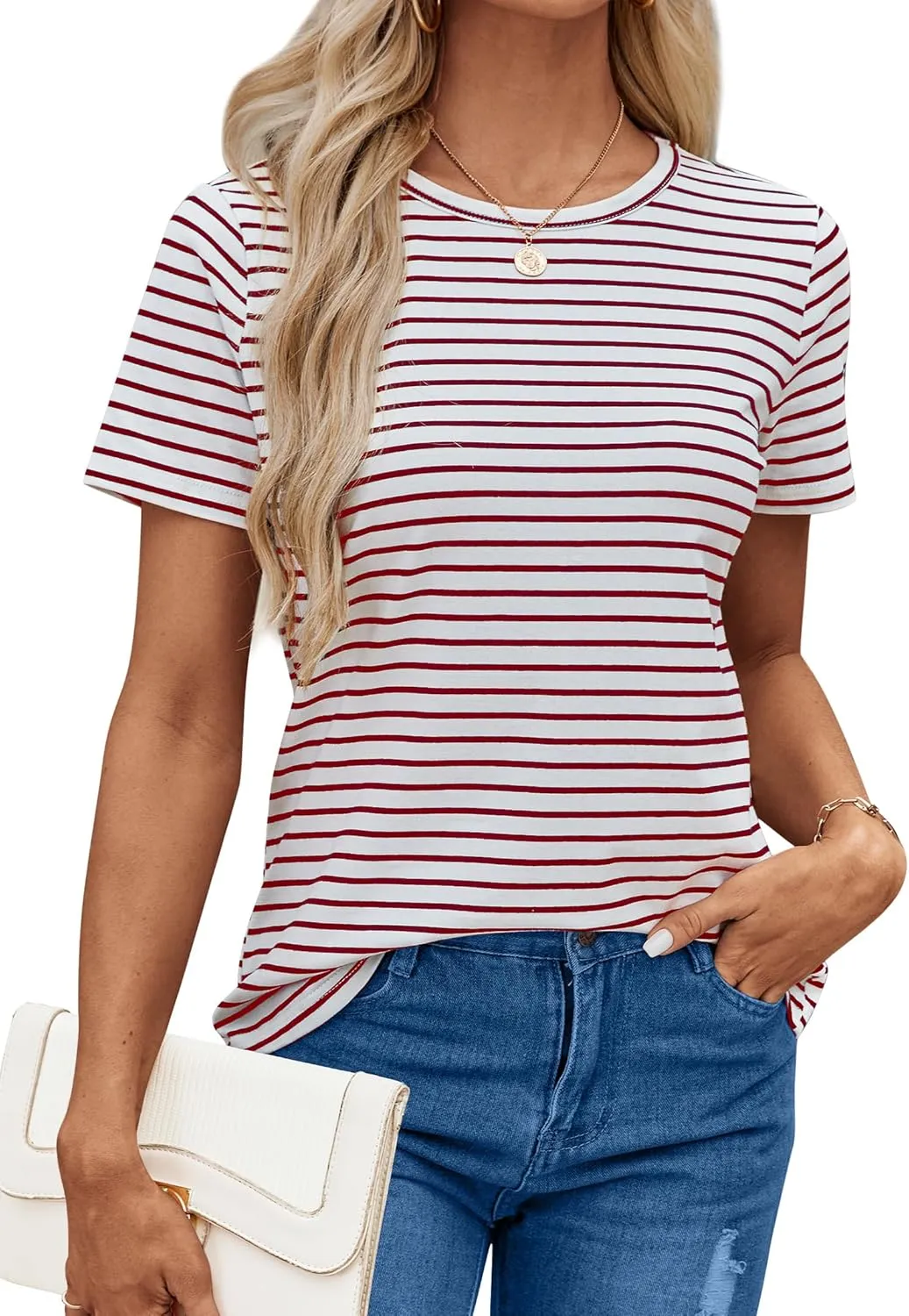 LilyCoco Women's Short Sleeve Striped Shirt Summer Crewneck T Shirt Basic Tops