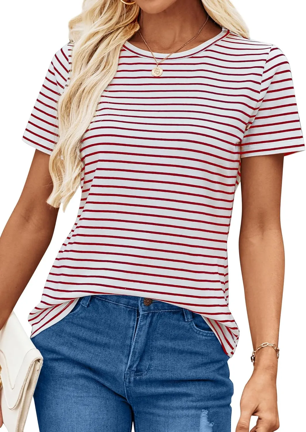 LilyCoco Women's Short Sleeve Striped Shirt Summer Crewneck T Shirt Basic Tops
