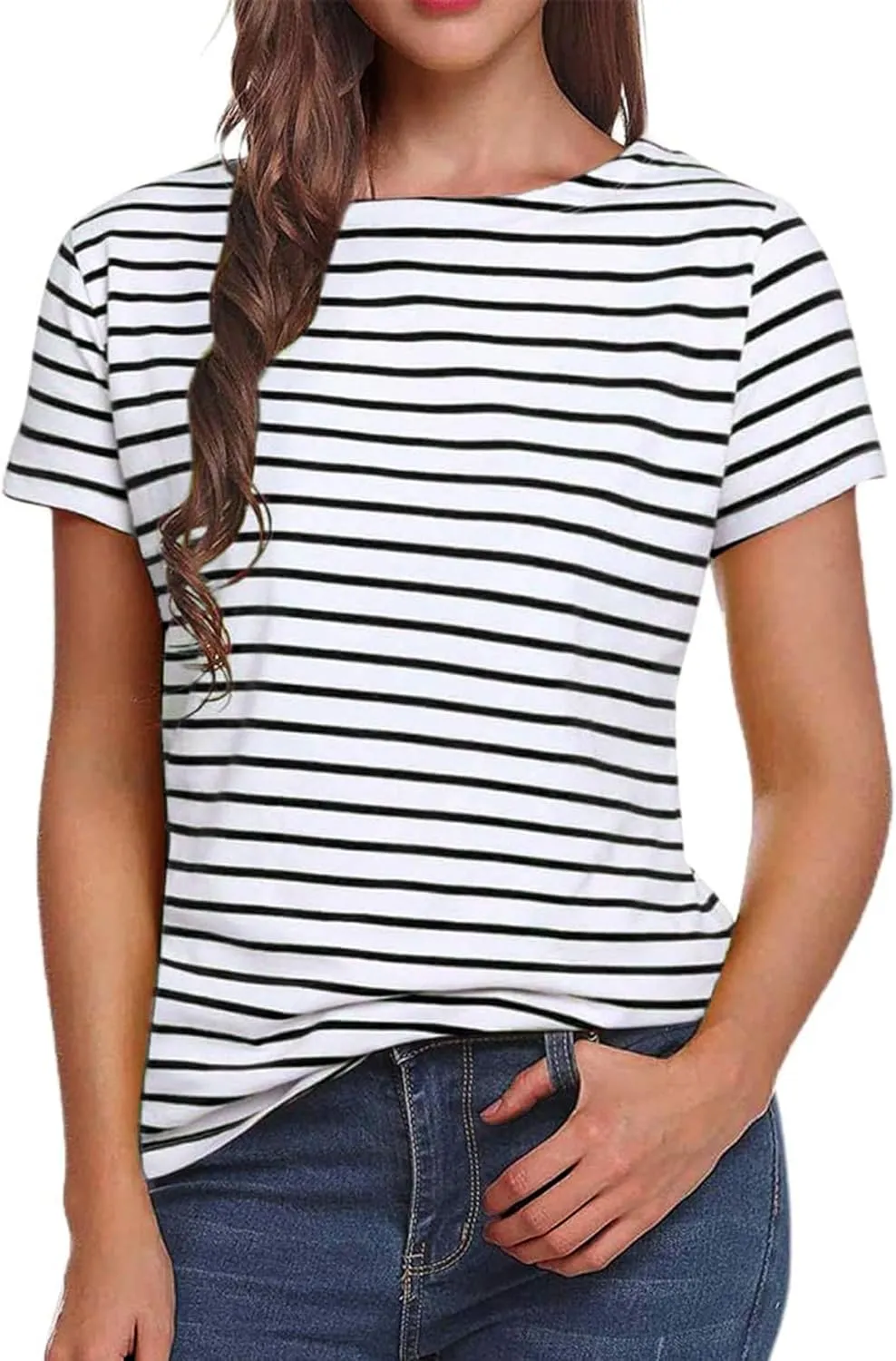 LilyCoco Women's Short Sleeve Striped Shirt Summer Crewneck T Shirt Basic Tops