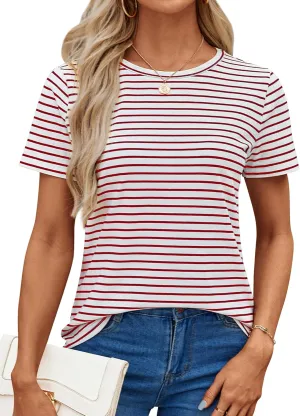 LilyCoco Women's Short Sleeve Striped Shirt Summer Crewneck T Shirt Basic Tops