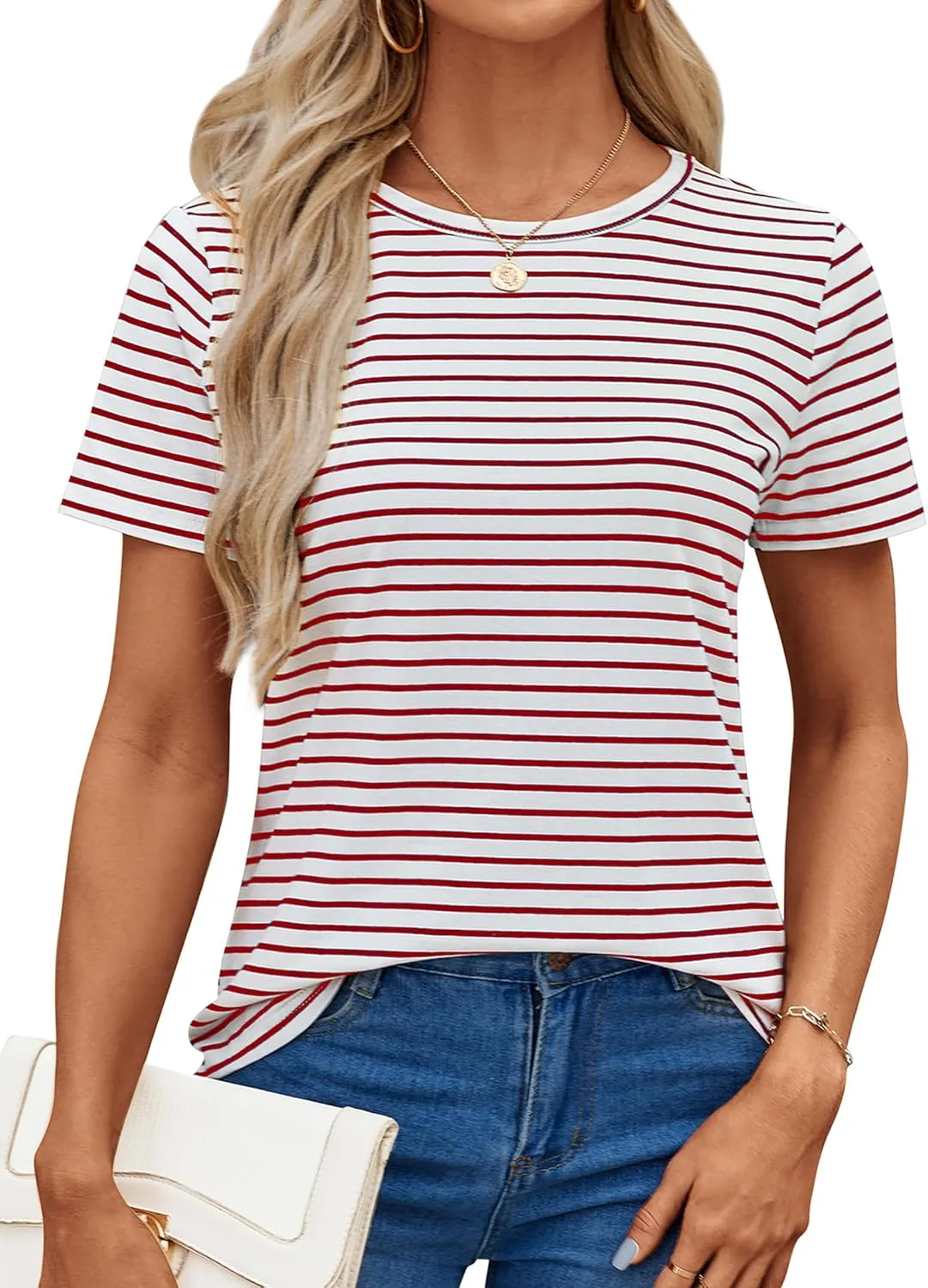 LilyCoco Women's Short Sleeve Striped Shirt Summer Crewneck T Shirt Basic Tops