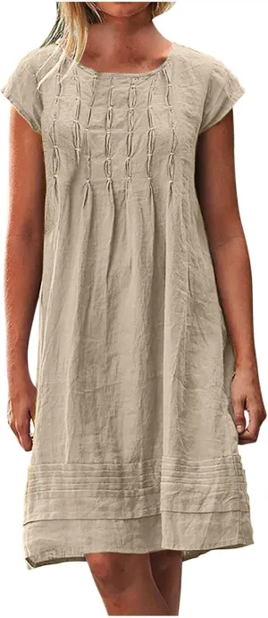 Linen Dress for Women Pleated Summer Dresses Round Neck Short Sleeve Sundress Beach Vacation Casual Mini Dress 2025