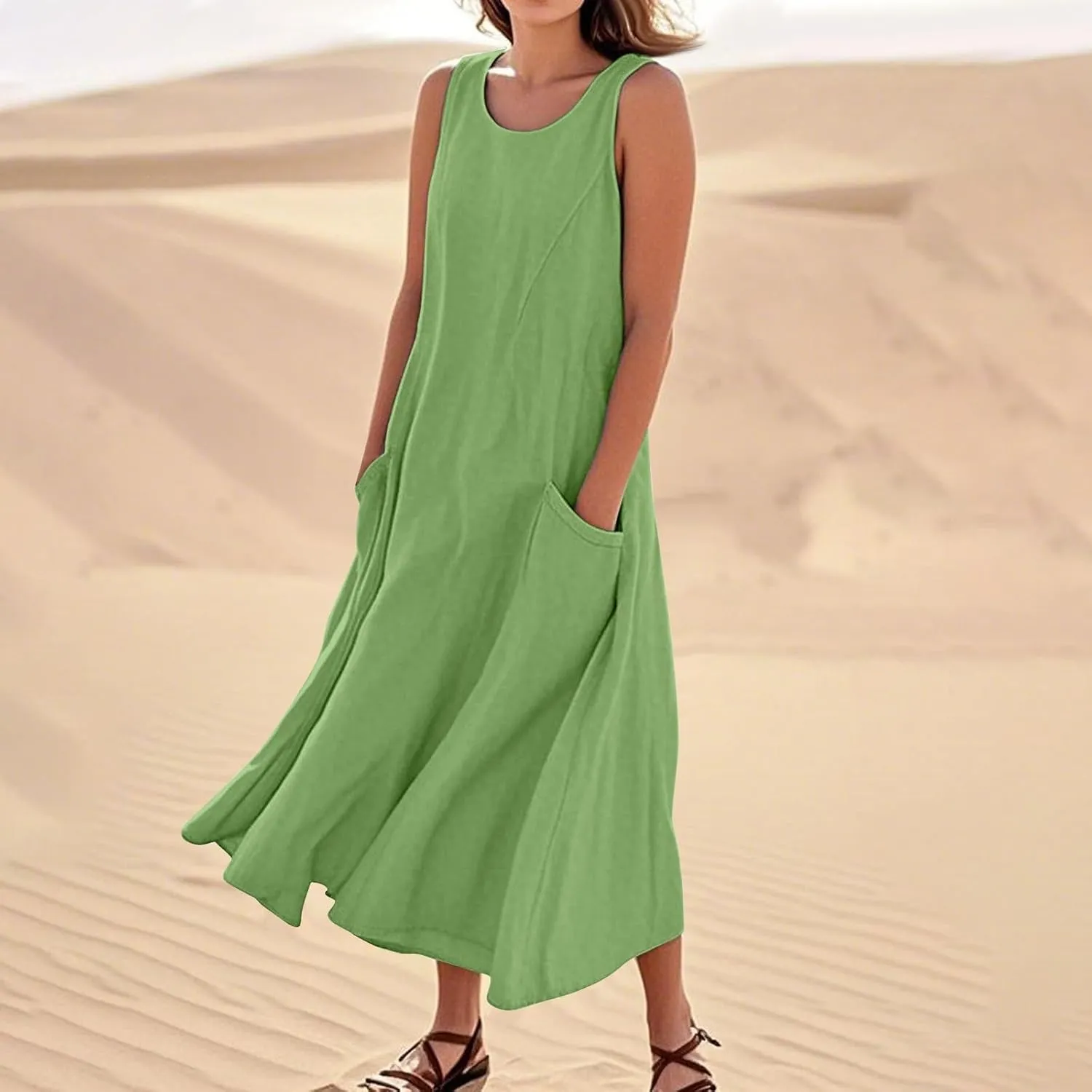 Linen Dress Women Causal Sleeveless U Neck Plus Size Summer Dresses Flowy Ruffle Hem Maxi T Shirt Dresses Midi Dress
