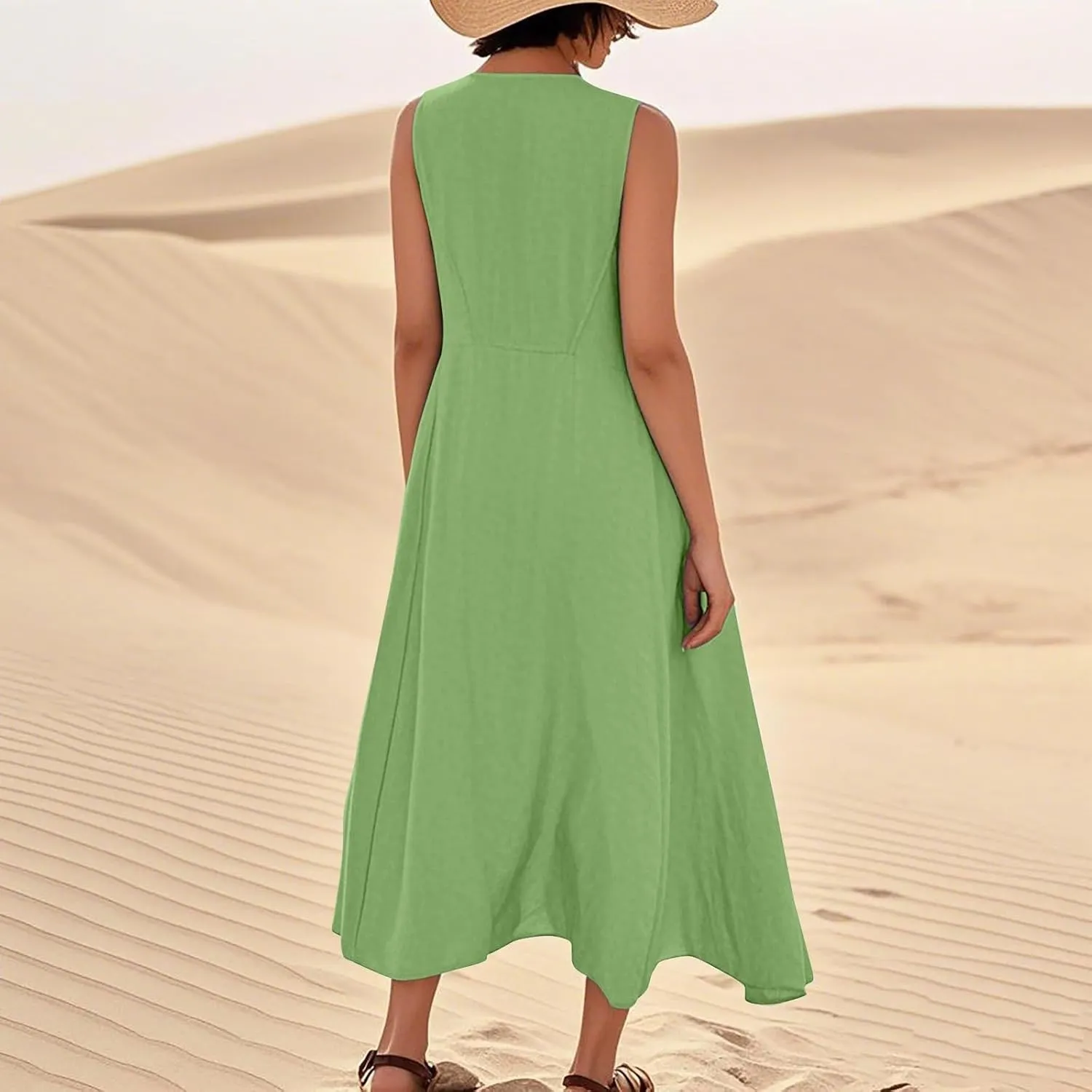 Linen Dress Women Causal Sleeveless U Neck Plus Size Summer Dresses Flowy Ruffle Hem Maxi T Shirt Dresses Midi Dress