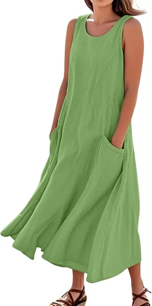 Linen Dress Women Causal Sleeveless U Neck Plus Size Summer Dresses Flowy Ruffle Hem Maxi T Shirt Dresses Midi Dress
