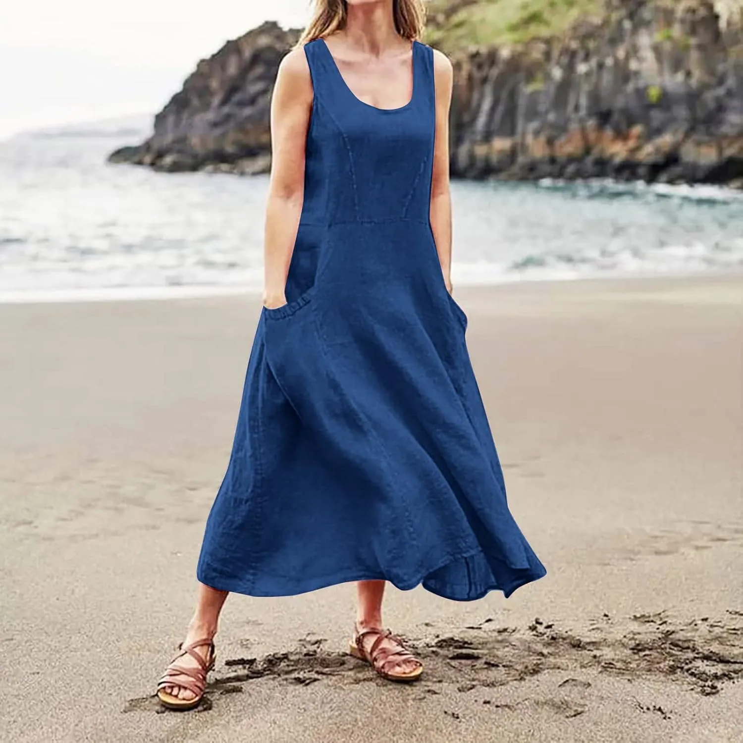 Linen Dresses for Women 2025 Casual Summer Sleeveless U Neck Flowy Maxi Dress Plus Size Boho Sundress with Pockets