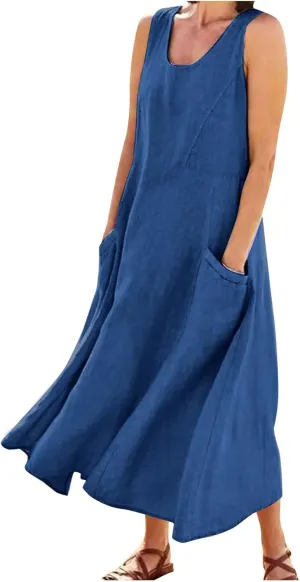 Linen Dresses for Women 2025 Casual Summer Sleeveless U Neck Flowy Maxi Dress Plus Size Boho Sundress with Pockets