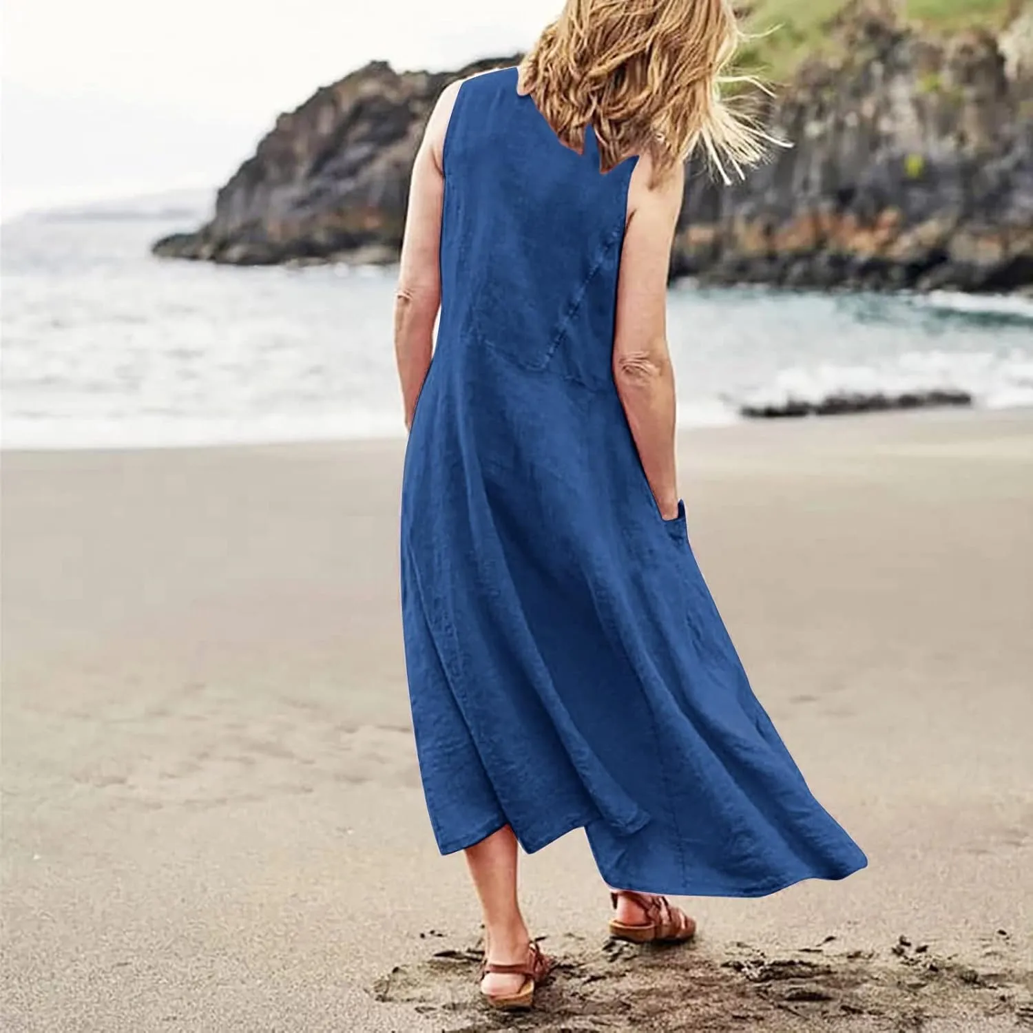 Linen Dresses for Women 2025 Casual Summer Sleeveless U Neck Flowy Maxi Dress Plus Size Boho Sundress with Pockets