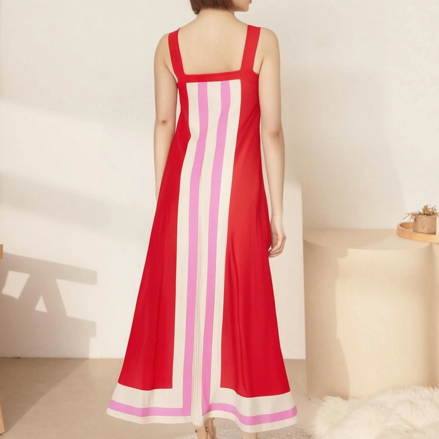 Linen Dresses for Women 2025 Color Block Summer Sun Dresses Beach Vacation Sleeveless Spaghetti Strap Maxi Dress