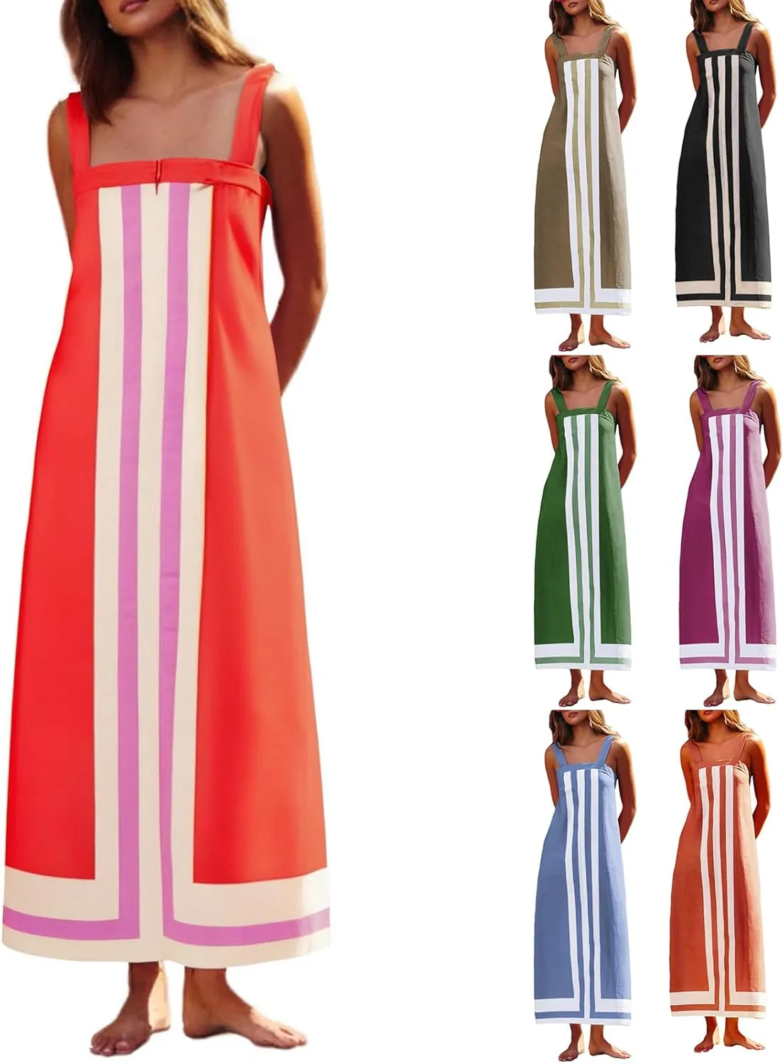 Linen Dresses for Women 2025 Color Block Summer Sun Dresses Beach Vacation Sleeveless Spaghetti Strap Maxi Dress