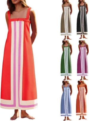Linen Dresses for Women 2025 Color Block Summer Sun Dresses Beach Vacation Sleeveless Spaghetti Strap Maxi Dress