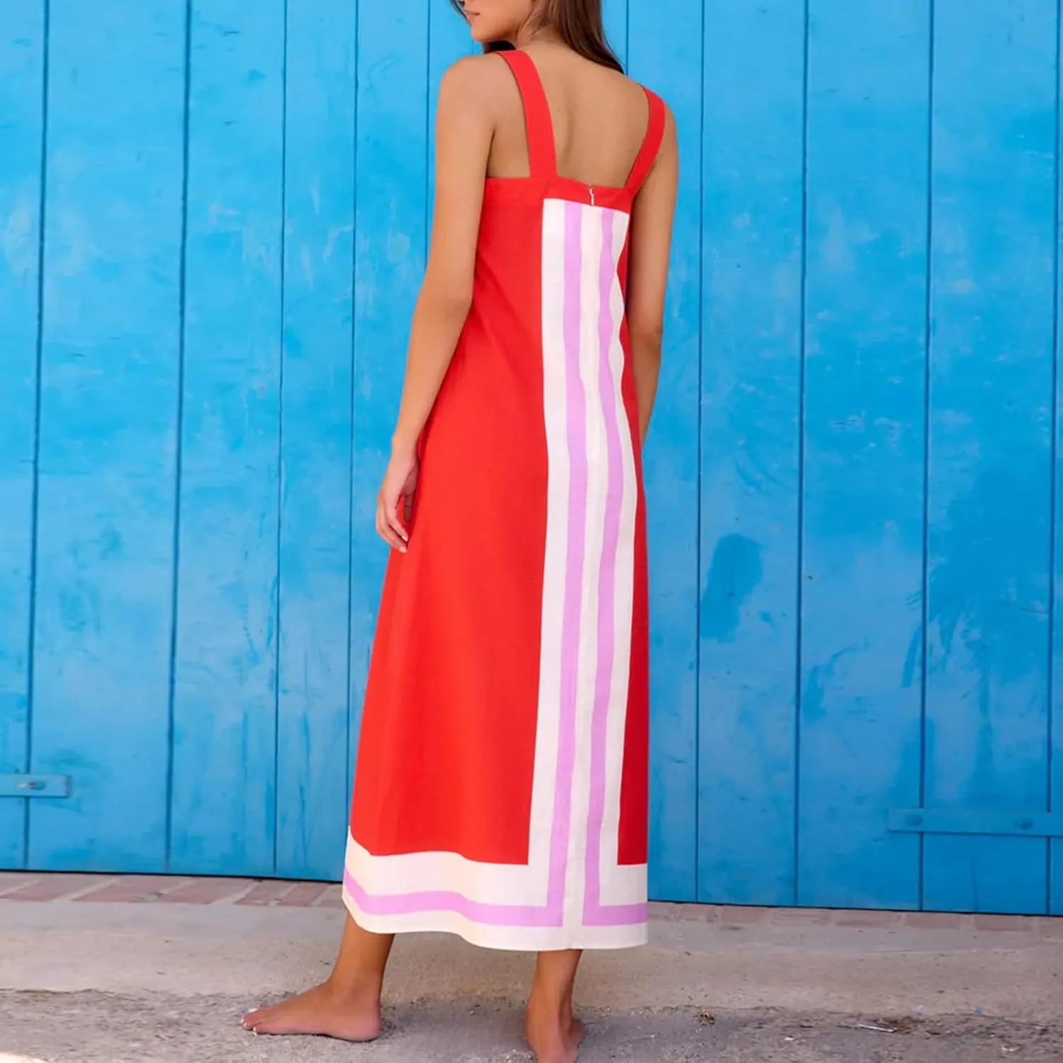 Linen Dresses for Women 2025 Color Block Summer Sun Dresses Beach Vacation Sleeveless Spaghetti Strap Maxi Dress