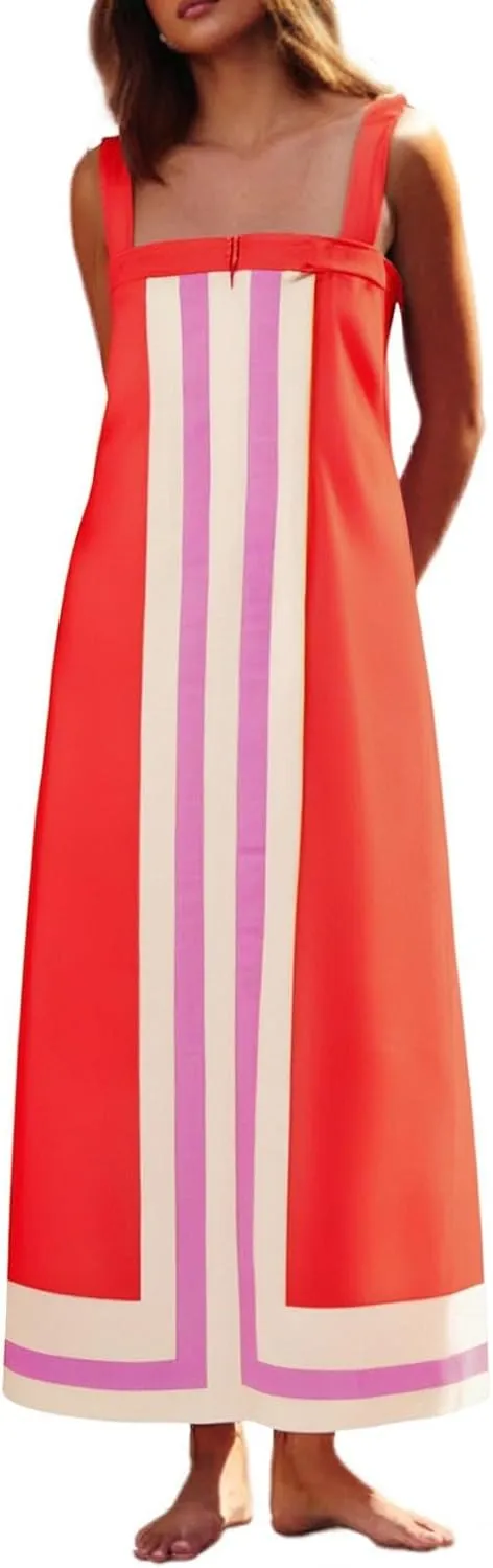 Linen Dresses for Women 2025 Color Block Summer Sun Dresses Beach Vacation Sleeveless Spaghetti Strap Maxi Dress