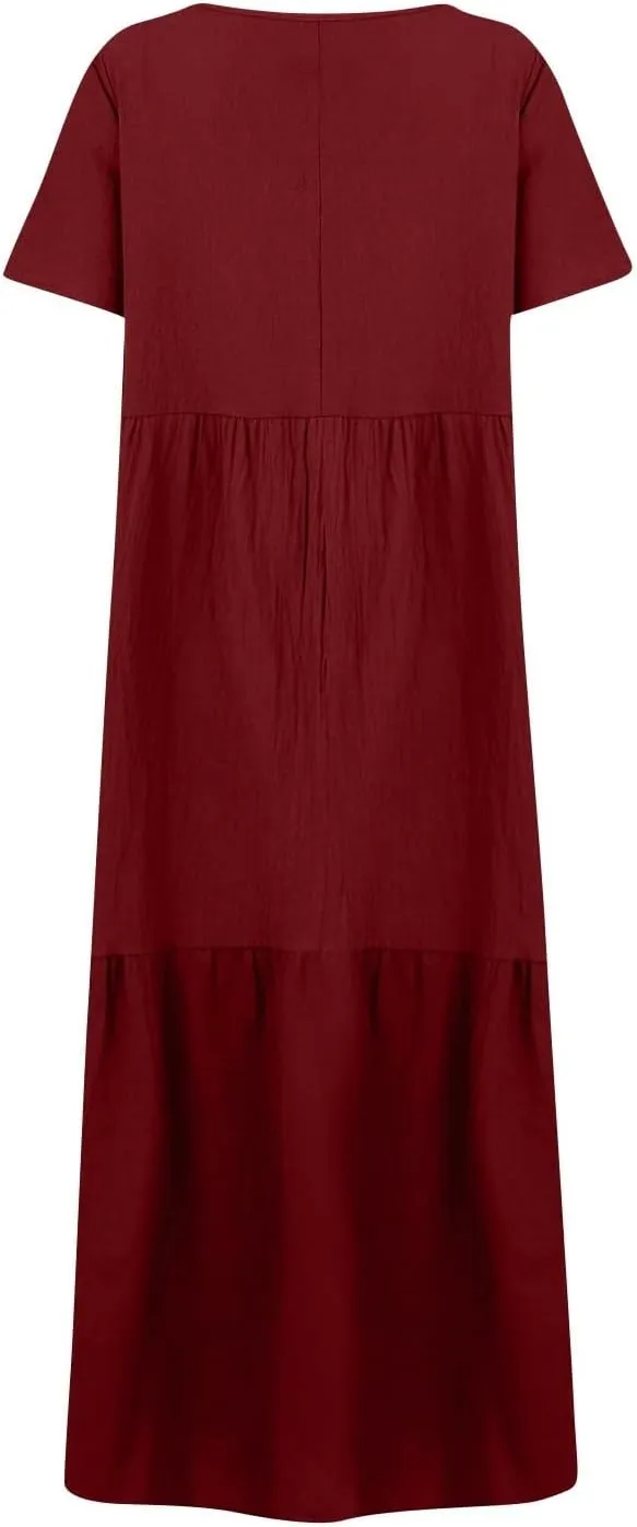 Linen Dresses for Women 2025 Plus Size Short Sleeve V Neck Tiered Maxi Dress Loose Comfy Summer Vacation Beach Dress
