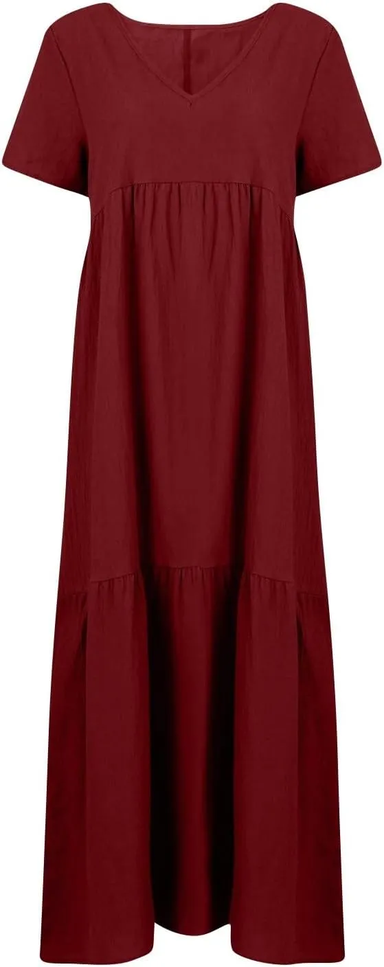 Linen Dresses for Women 2025 Plus Size Short Sleeve V Neck Tiered Maxi Dress Loose Comfy Summer Vacation Beach Dress