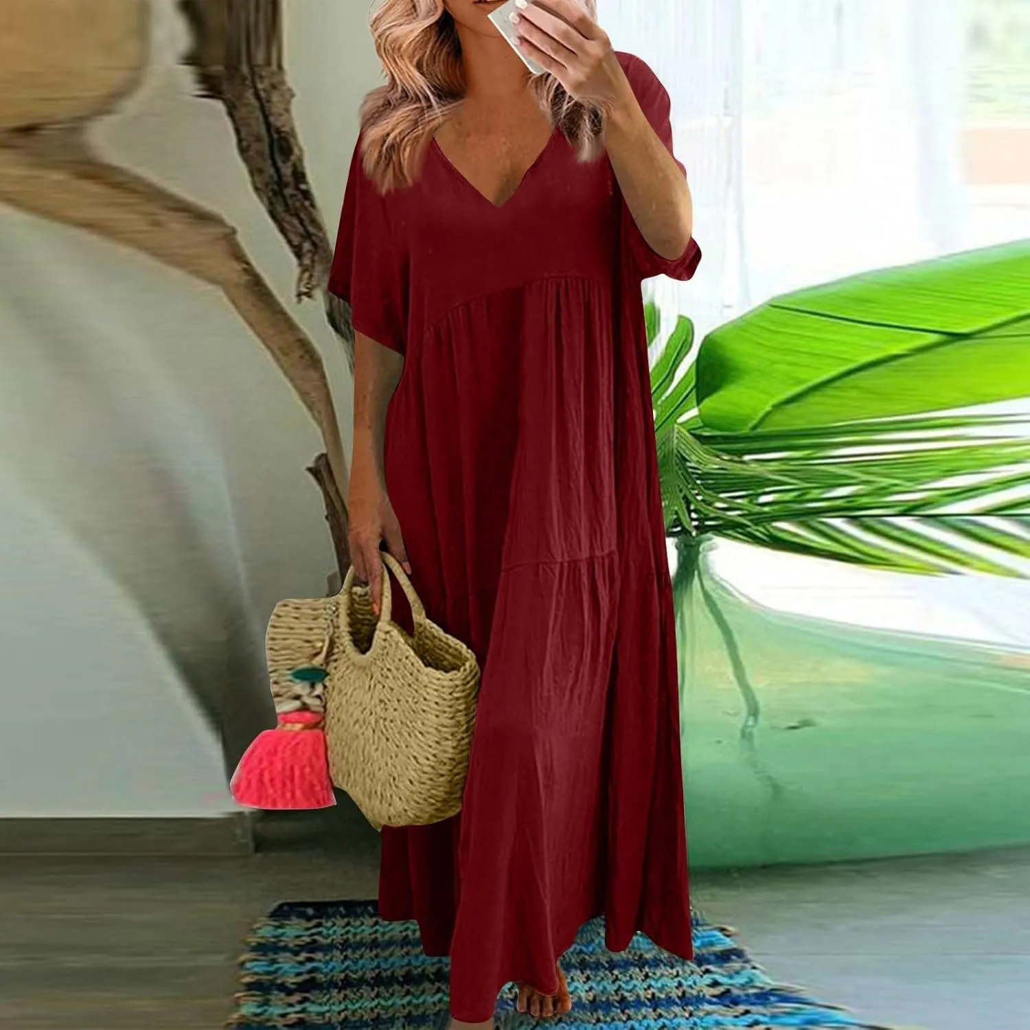 Linen Dresses for Women 2025 Plus Size Short Sleeve V Neck Tiered Maxi Dress Loose Comfy Summer Vacation Beach Dress