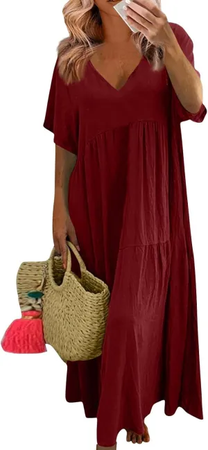 Linen Dresses for Women 2025 Plus Size Short Sleeve V Neck Tiered Maxi Dress Loose Comfy Summer Vacation Beach Dress