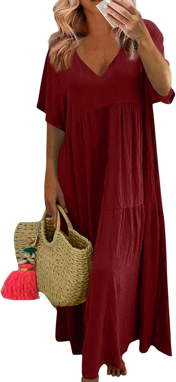 Linen Dresses for Women 2025 Plus Size Short Sleeve V Neck Tiered Maxi Dress Loose Comfy Summer Vacation Beach Dress
