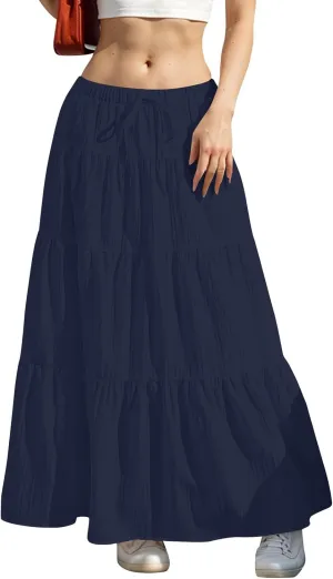 Linen Maxi Skirts for Women Elegant Pleated Tiered A Line Long Skirt Casual Summer Flowy Beach Skirt Vacation Outfits