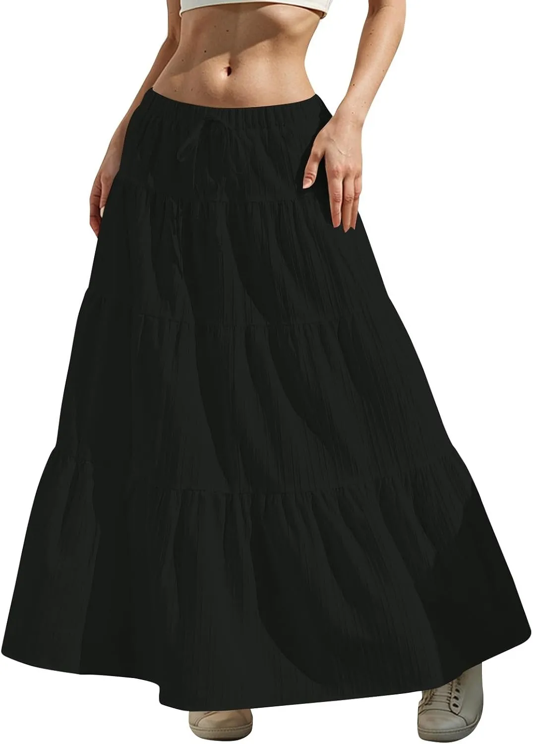 Linen Maxi Skirts for Women Elegant Pleated Tiered A Line Long Skirt Casual Summer Flowy Beach Skirt Vacation Outfits