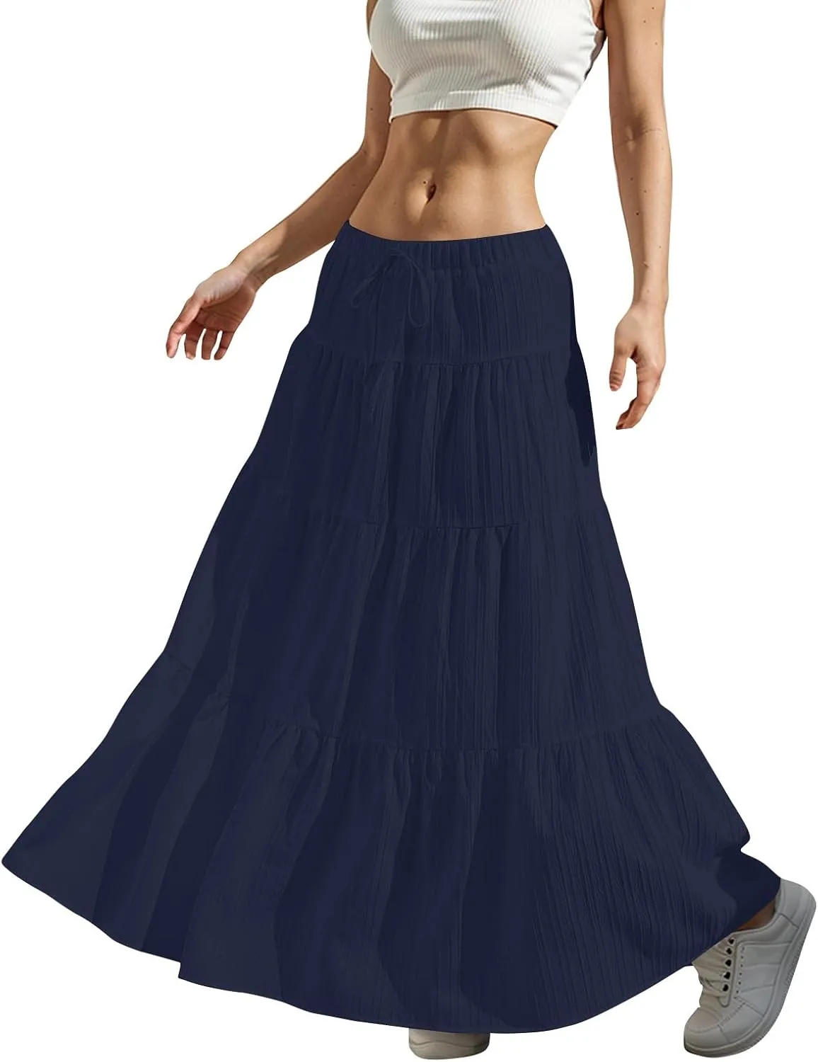 Linen Maxi Skirts for Women Elegant Pleated Tiered A Line Long Skirt Casual Summer Flowy Beach Skirt Vacation Outfits