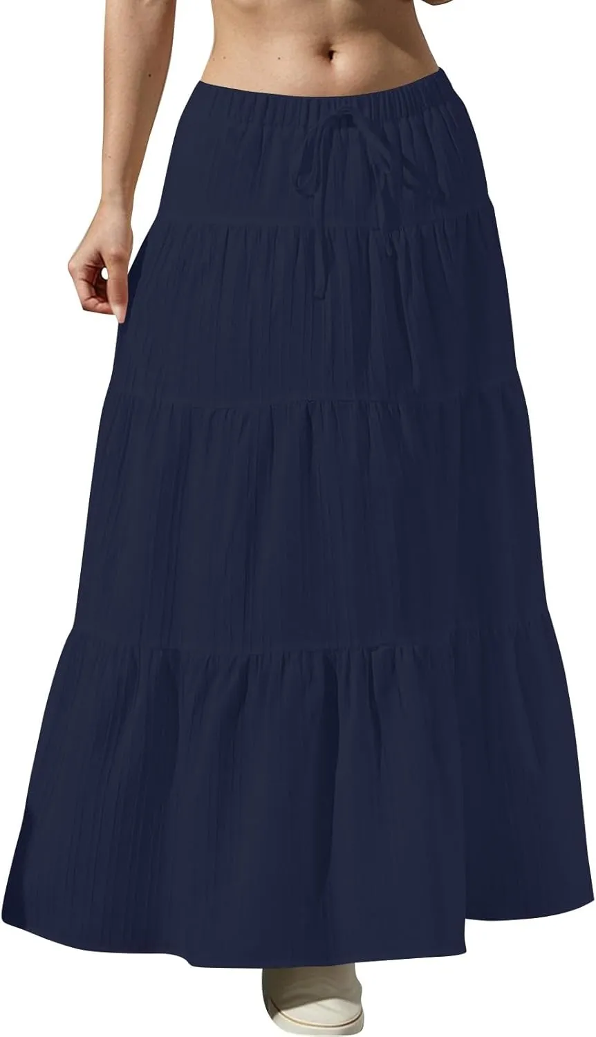 Linen Maxi Skirts for Women Elegant Pleated Tiered A Line Long Skirt Casual Summer Flowy Beach Skirt Vacation Outfits