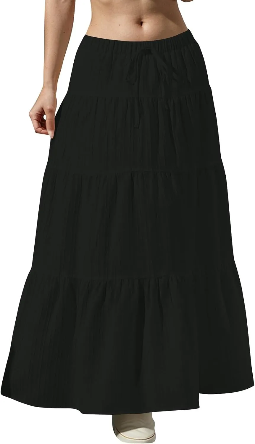 Linen Maxi Skirts for Women Elegant Pleated Tiered A Line Long Skirt Casual Summer Flowy Beach Skirt Vacation Outfits