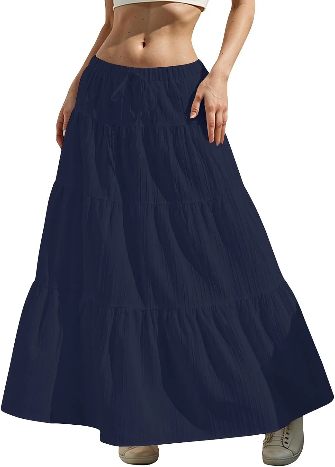 Linen Maxi Skirts for Women Elegant Pleated Tiered A Line Long Skirt Casual Summer Flowy Beach Skirt Vacation Outfits
