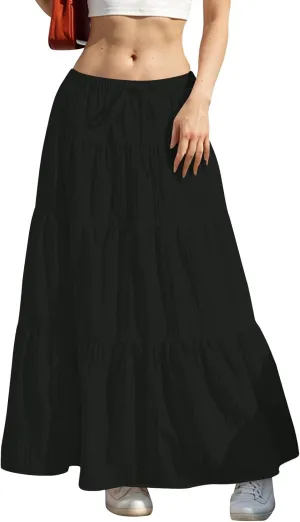 Linen Maxi Skirts for Women Elegant Pleated Tiered A Line Long Skirt Casual Summer Flowy Beach Skirt Vacation Outfits
