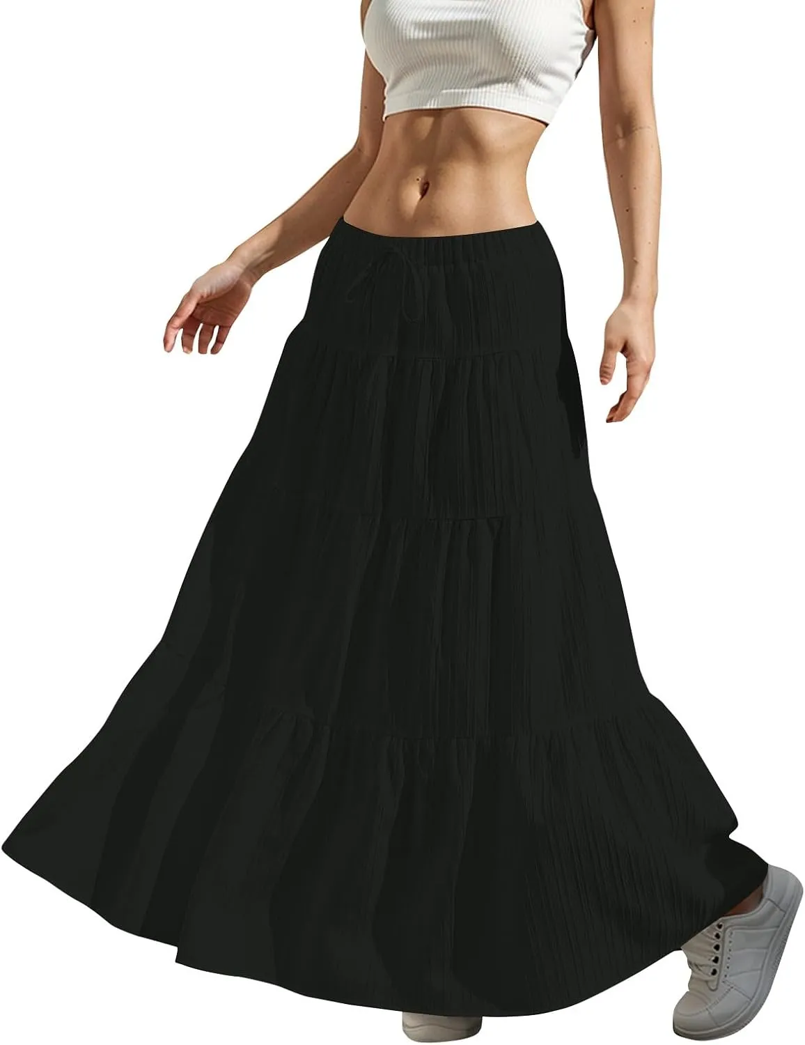 Linen Maxi Skirts for Women Elegant Pleated Tiered A Line Long Skirt Casual Summer Flowy Beach Skirt Vacation Outfits