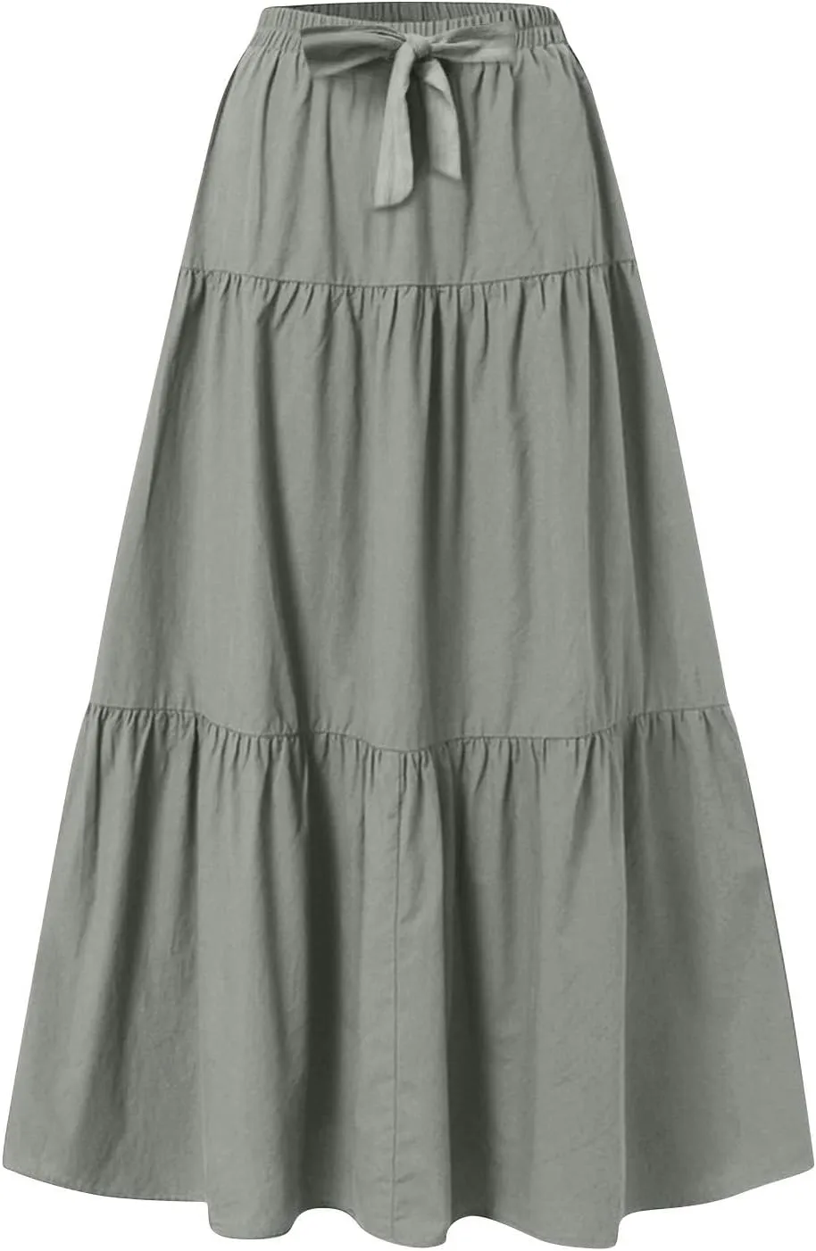 Linen Midi Skirts for Women Summer Boho Flowy Swing Tiered Long Maxi Skirt Elastic Drawstring Pleated Beach Skirt