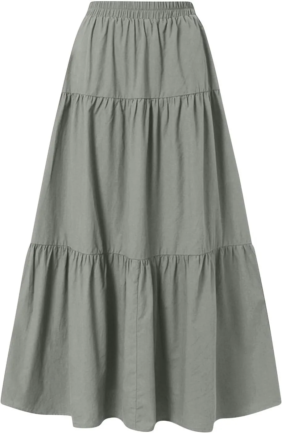Linen Midi Skirts for Women Summer Boho Flowy Swing Tiered Long Maxi Skirt Elastic Drawstring Pleated Beach Skirt